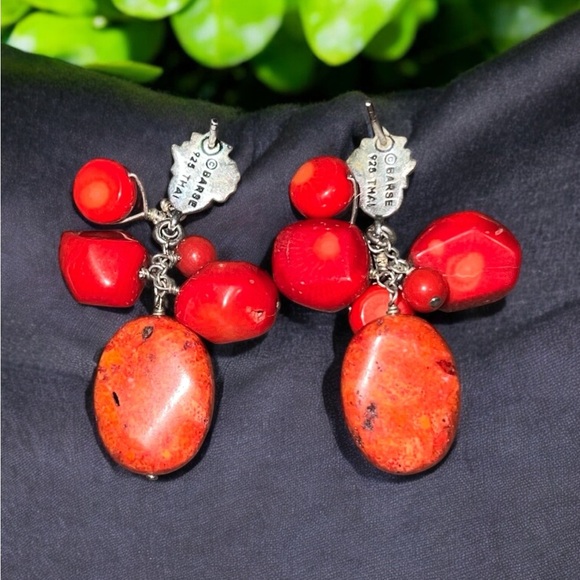 BARSE THAI ORANGE RED SPONGE CORAL STERLING SILVER DANGLE EARRINGS Drop Boho - Picture 2 of 5